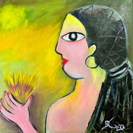 A Girl with a Flower Oil Canvas Painting by Artist Debayan Kundu 30 x 30 Inches